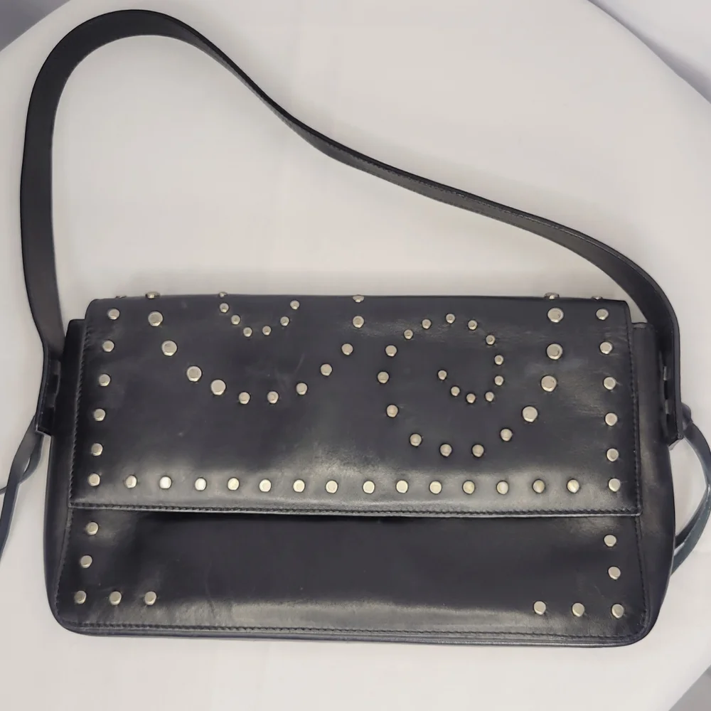 BCBG Max Azria Studded Leather Shoulder Bag Black Studded Flap Purse Y2K Style - Picture 7 of 11